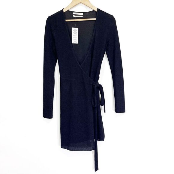 Urban Outfitters Womens UO Sugar Knit Mini Wrap Dress Black Small LBD Tie Waist - Picture 2 of 8